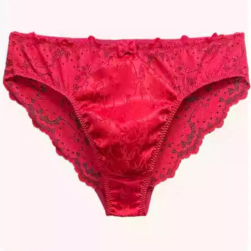 

Sexy Silk Men Underwear Silky Touch Mulberry Silk Red Comfortable Low Waist Lace Edge Triangle Briefs Sissy Live Show Clothing
