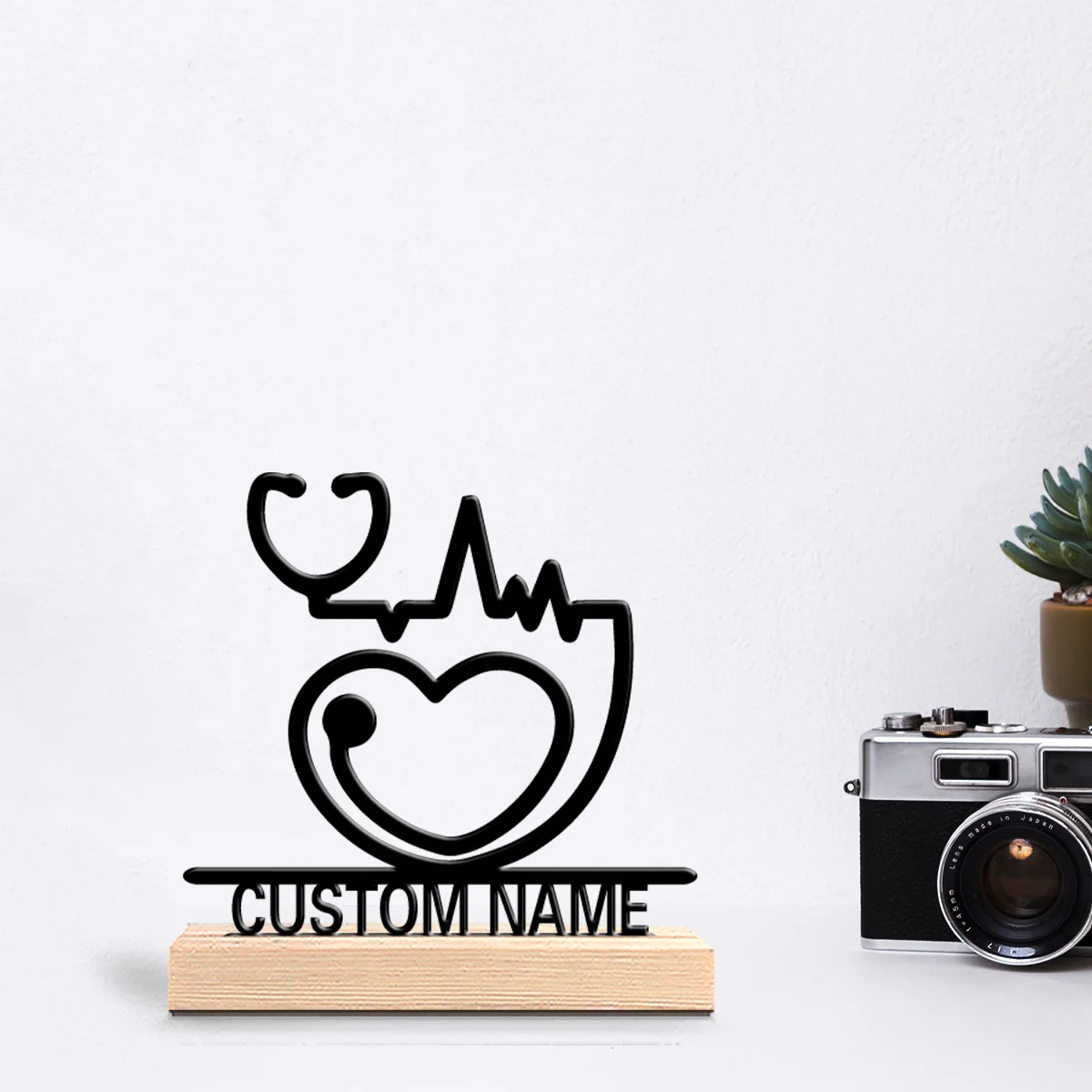 1pc Modern love Stethoscope Customized Letter Metal Statue Art Crafts With Wood Base Metal Statue For Office Room Decor