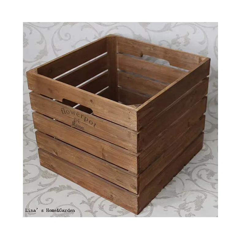 

Rustic Wooden Storage Crate, Farmhouse Style Square Box, Vintage Distressed Design, Natural Pine Wood, 11.8x11.8x9.8 inches