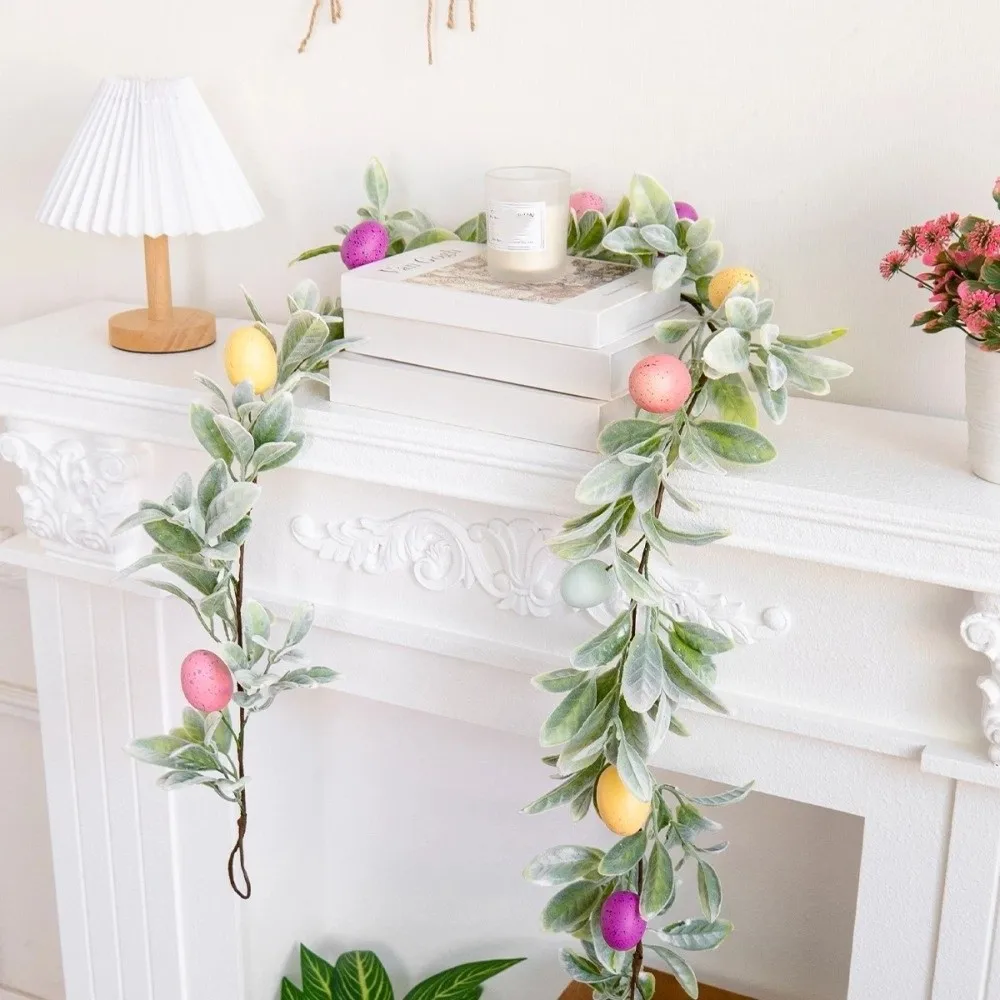 

Colorful Easter Egg Garland Plastic Speckled Eggs Faux Hanging Garland Lifelike with Green Leaves Spring Vine Garland