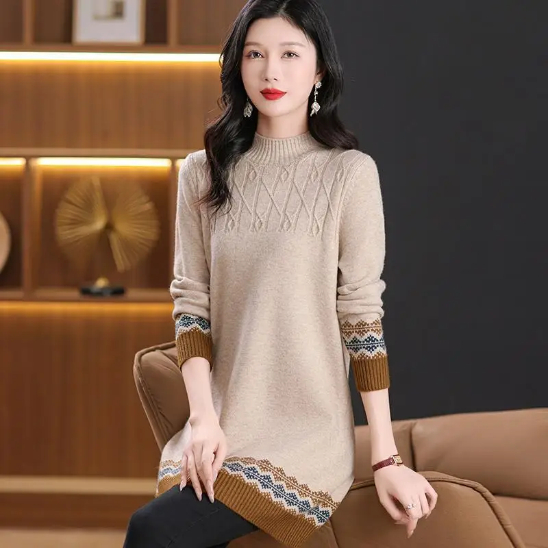 Semi-turtleneck Sweater Pullover Women Autumn Winter New Loose Jacquard Mid Long Inner Knitted Sweater Dress Female Jumper Tops
