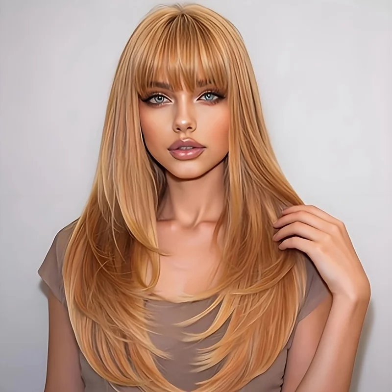 26-Inch Golden Brown Straight Hair Wig with Bangs, Anti-Tangle Ladies Wig, Suitable for Daily Wear, Party, Cosplay