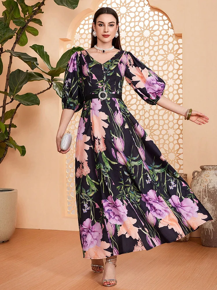 Summer Floral Print Women Short Sleeve Maxi Dress Elegant Holiday Sundress Femme Vestidos Kaftan Dubai Abaya Formal Evening Gown