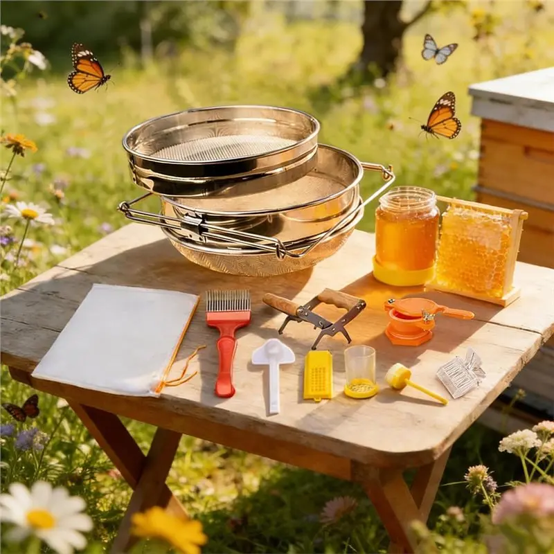 B23B Honey Harvesting Honey Strainer Beekeeping Tool Kit Set Of 9 Double Honey Sieve Stainless Steel Honey Filter Honey Gate