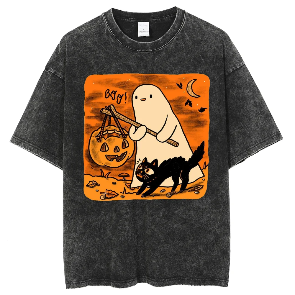 Halloween Black Cat Ghost Print Couple T-Shirt Oversized Wash Cotton Short Sleeve Cute Funny Style Fashion Tees y2k