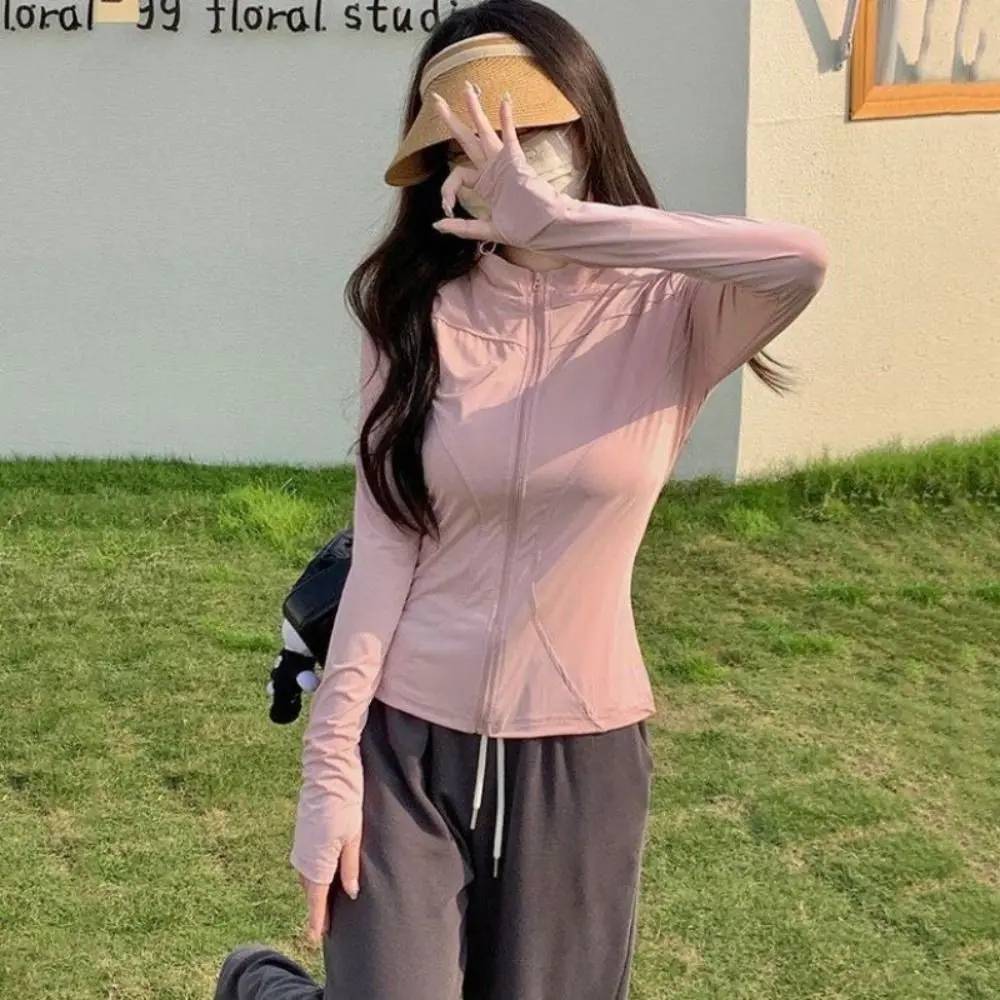 패션 아이스 실크 자외선 차단 탑 여성 스탠드 칼라 긴팔 속건 스웨트셔츠 얇은 자외선 차단 아웃도어 재킷