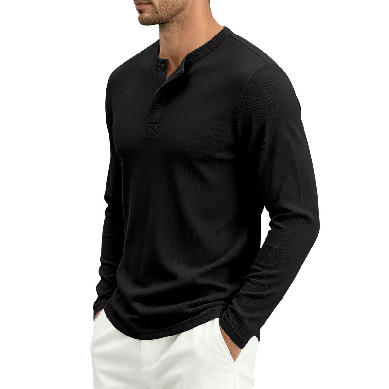 Waffle Henry Long-Sleeve T-Shirt - Simple Solid Button Collar Casual Men's Base Layer Shirt