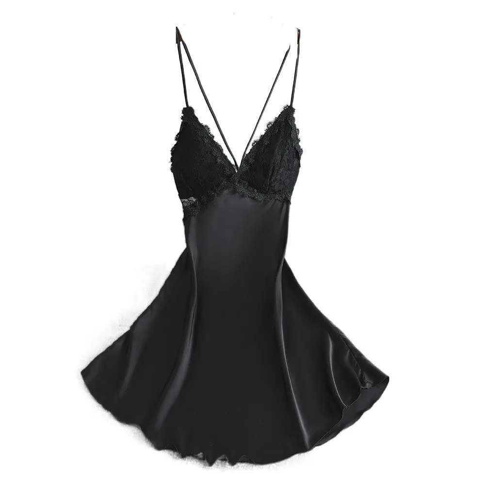 

Lace Women's Pajama Dress Dress with Pads Hollow Out Ice Silk Suspender Nightdress Sleepwear Sleeveless Slim Sling Nightgown