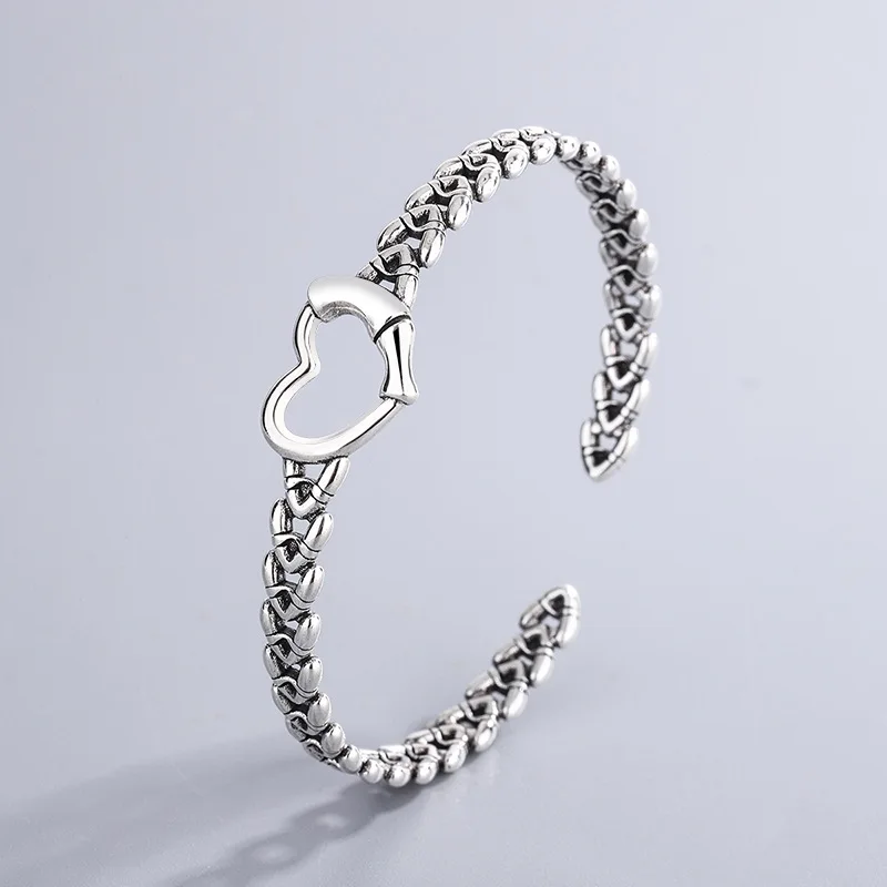 925 Sterling Silver Simple Chain Interlocking Retro Woven Love Vintage Bracelet Jewelry for Women Girls Party Daily Accessories