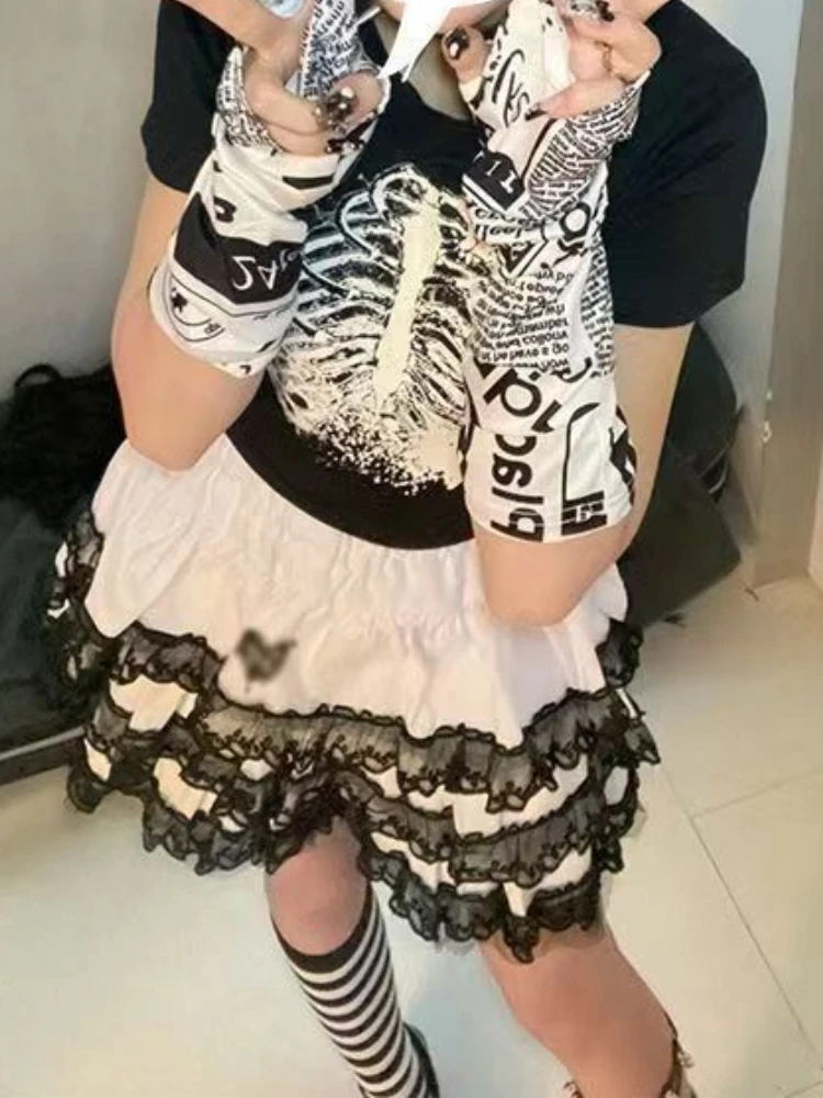 Sommer Japanische Kawaii Lolita Faltenröcke Frauen Süße Spitze Patchwork Kuchen Rock Y2k Ästhetische Nette Faldas Mujer Moda 2025