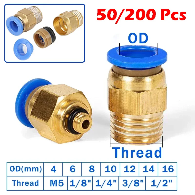 

50/200Pcs Pneumatic Fittings PC Air Quick Connector PC4-M5 PC6-01 PC6 1/8" 1/4" 3/8" 1/2" Male Thread Coupling Brass Fitting