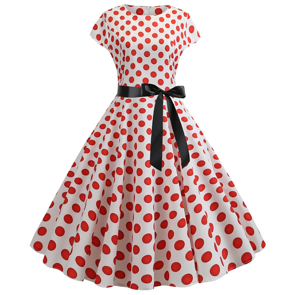 Women Vintage 1950s Polka Dot Print Dress Retro Short Sleeve Evening Party Prom Dress Lace Up High Waist Round Neck A Line Dress