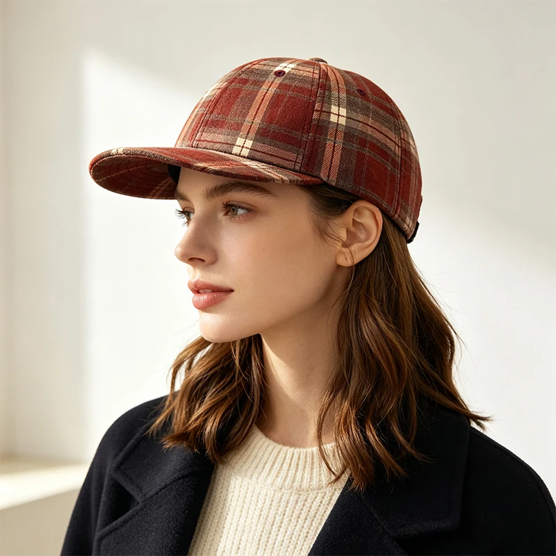 Retro Baseball Cap Plaid Flat Brimmed Adjustable Snap Cap Autumn and Winter Warm Hip Hop Cap for Men Women Daily Outdoor Wear