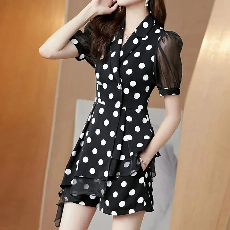 Casual Fashion Polka Dot Two Piece Sets Summer 2024 New Polo-Neck Short Sleeve Slim Shirt Elastic Waist Short Pants Women\'s Suit