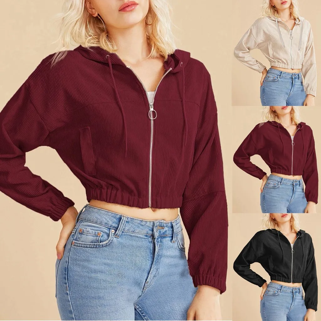 Casual Burgundy Crop Top Jacket Women Casual Solid Long Sleeve Zipper Pocket Shirt Hooded Sweatshirt Tops Hoodless Sweatshirt