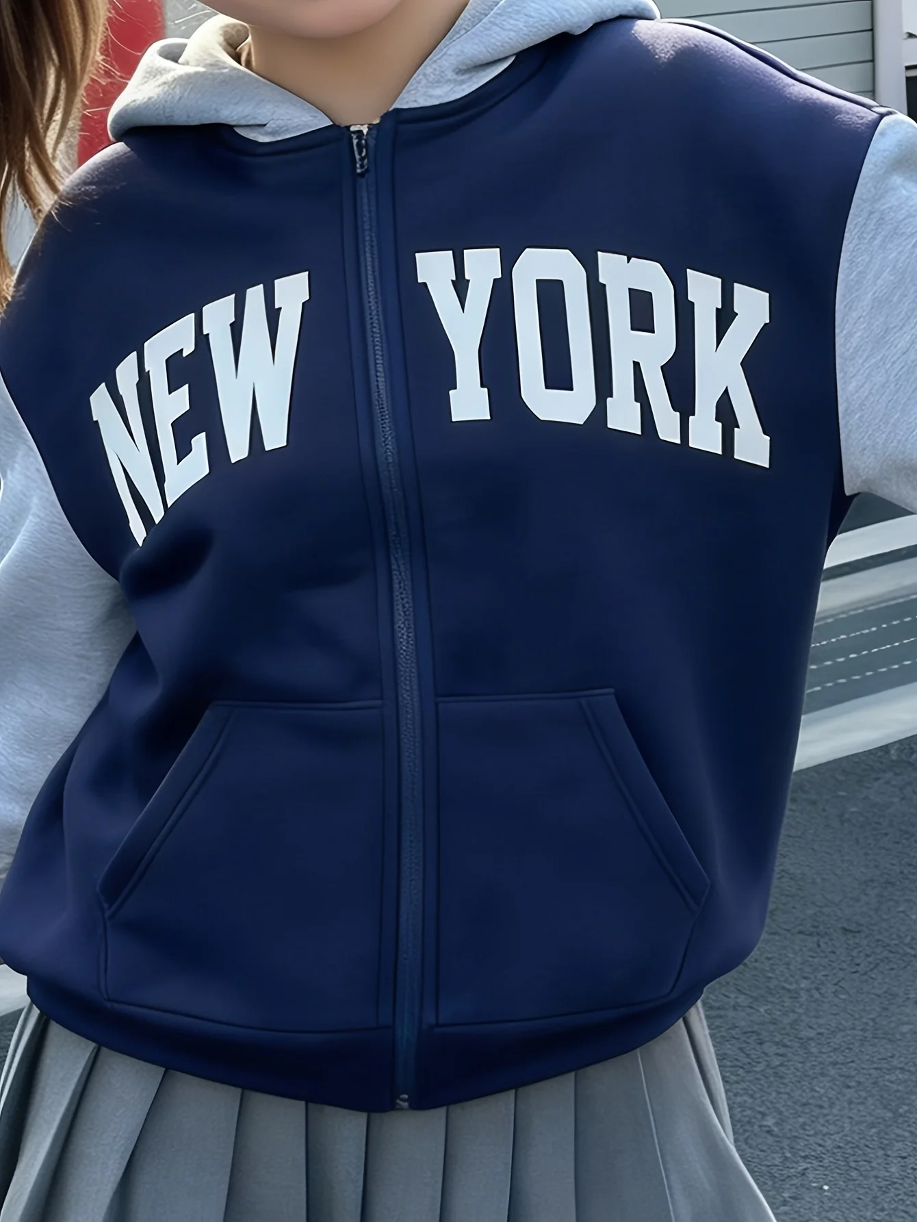 Girls' Autumn Jacket, Young Girls' Casual Color-Blocked Hooded Zip-Up Jacket, Navy Blue and Floral Gray Color-Blocking, Fashionable and Versatile, Suitable for Children Aged 5-13 view 4