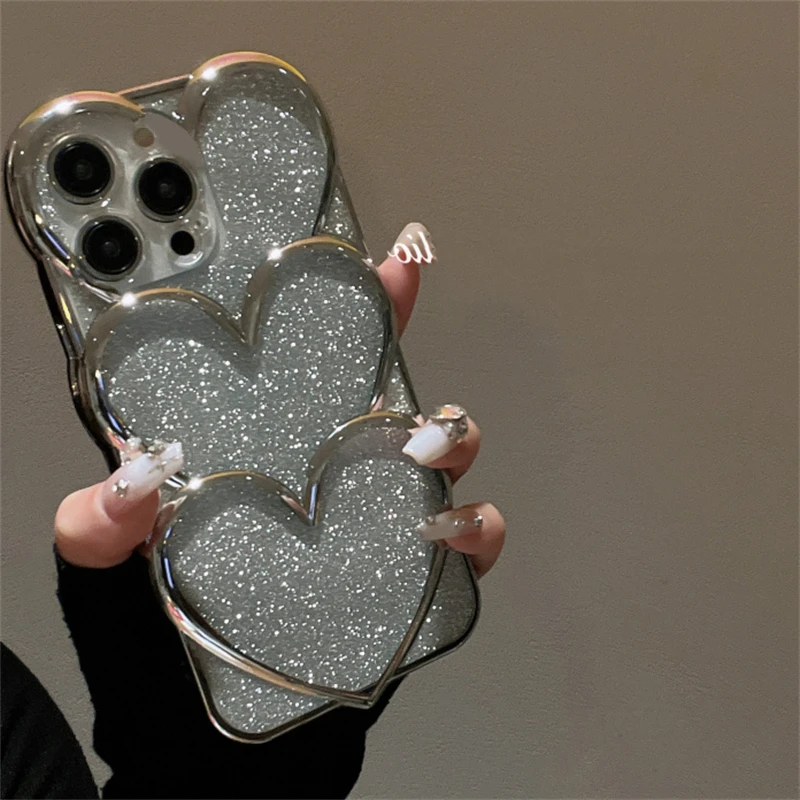 Glitter 3D Love Heart Phone Case For iPhone 16 15 14 13 12 Pro Max 11 Stylish Japan Korea Girl Cute Soft Cover Clear Soft Shell