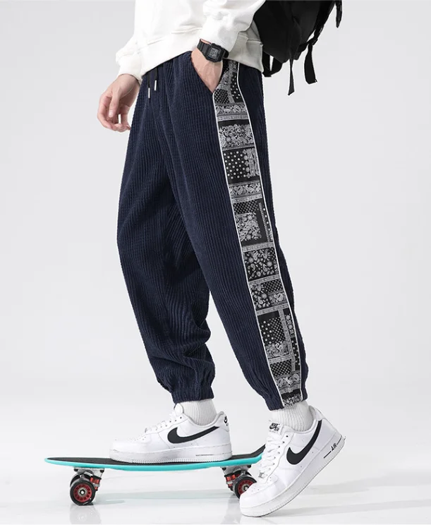 メンズプラスサイズコーデュロイハーレムパンツ カシューフラワーパッチワーク和風カジュアルゴムウエストスポーツパンツ