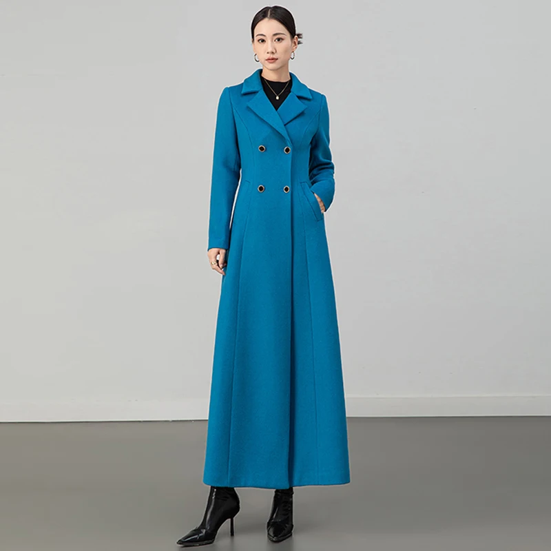 

New Women Autumn Winter Lake Blue Woolen Overcoat Simplicity Fashion Suit Collar Double Breasted Long Slim Wool Blended Coat