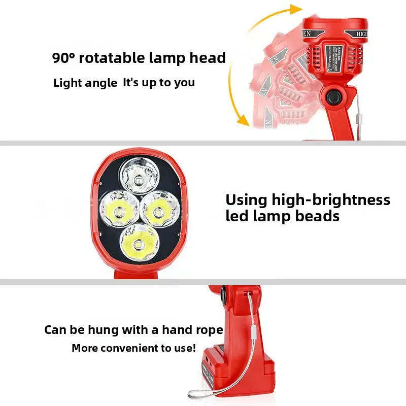 Senter untuk Milwaukee untuk Baterai Dewalt 20v Lampu Kerja LED 12W Lampu Sorot Portabel dengan Port USB Kepala yang Dapat Diputar untuk Berkemah