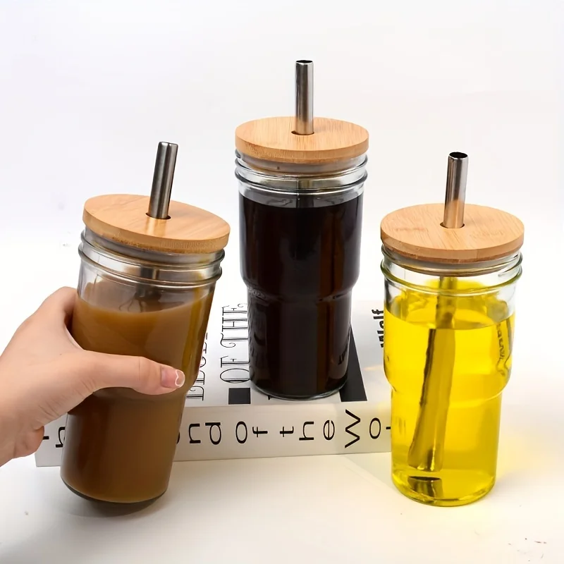 1pc Outdoor Thickened Glass Water Cup, 700ml/23.67oz Beverage Coffee Cup With Stainless Steel Straw, Suitable For Outd
