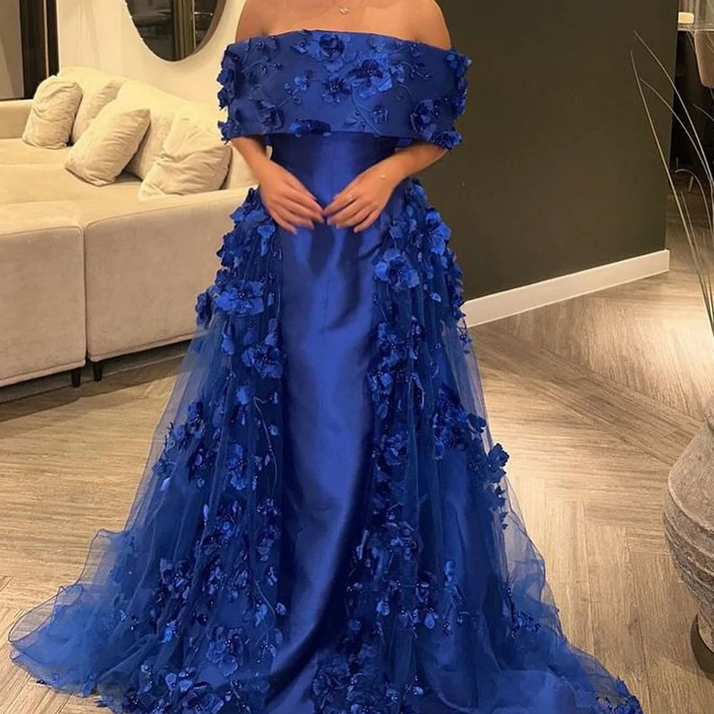 Customized Exquisite Pleats Flowers Beading Evening Dresses Graceful Off the Shoulder Blue Panel Train Party Gowns فساتين سهرة