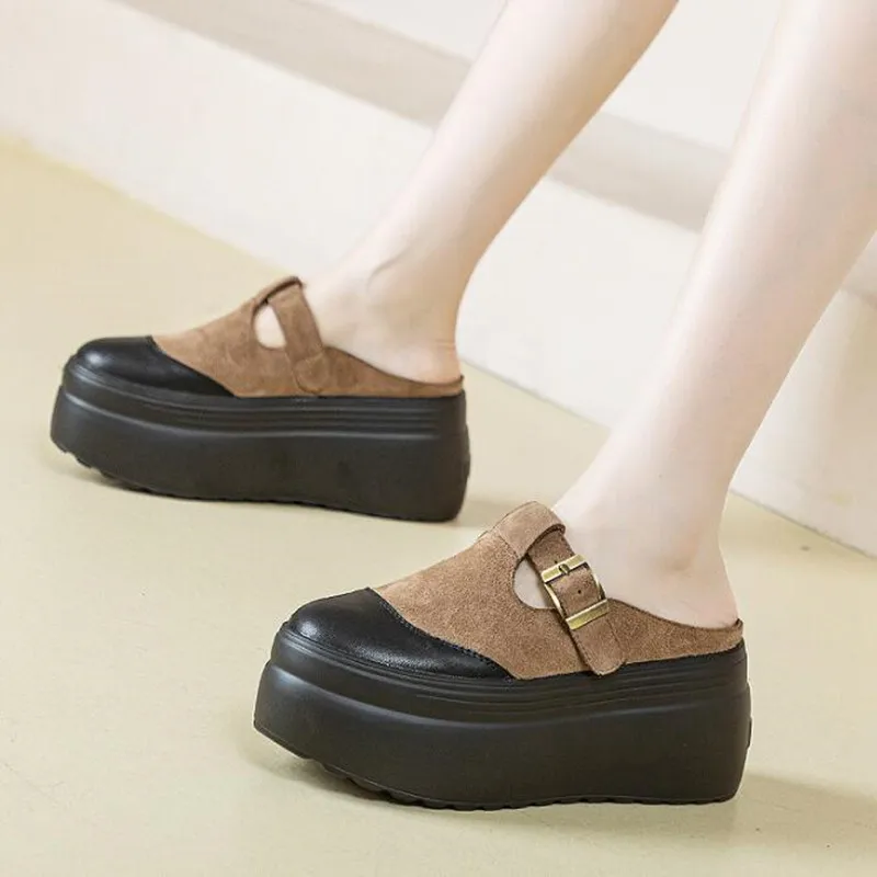 

2026 Outside Women Wedges Slippers Fashion Round Toe Luxury Summer Mules Shoes Genuine Leather Female Platform Lazy Shoe Woman