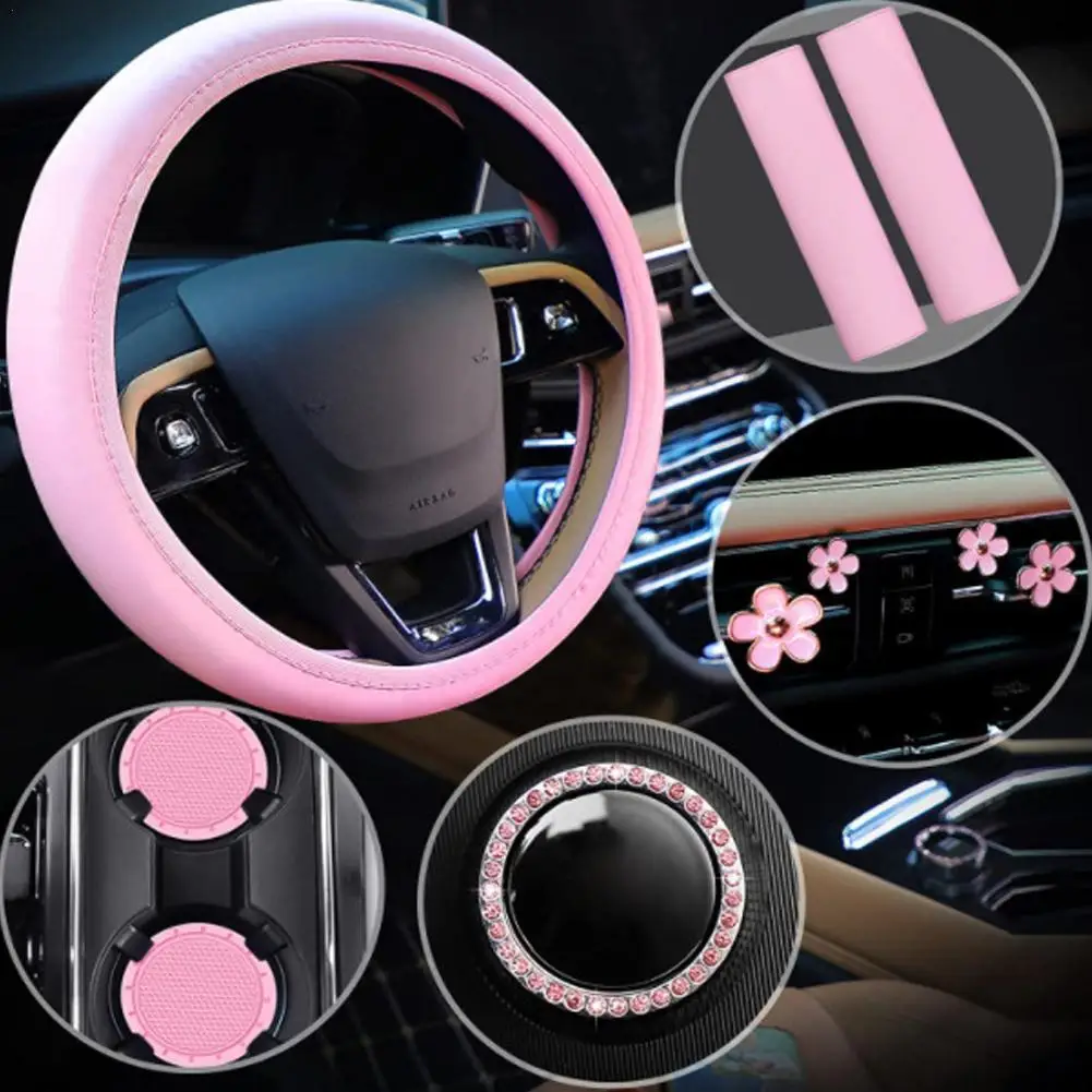 

10pc Solid Color Car Interior Accessories Set Steering Wheel Cover Shoulder Pad Coaster Air Outlet Clip Universal Car Decoration