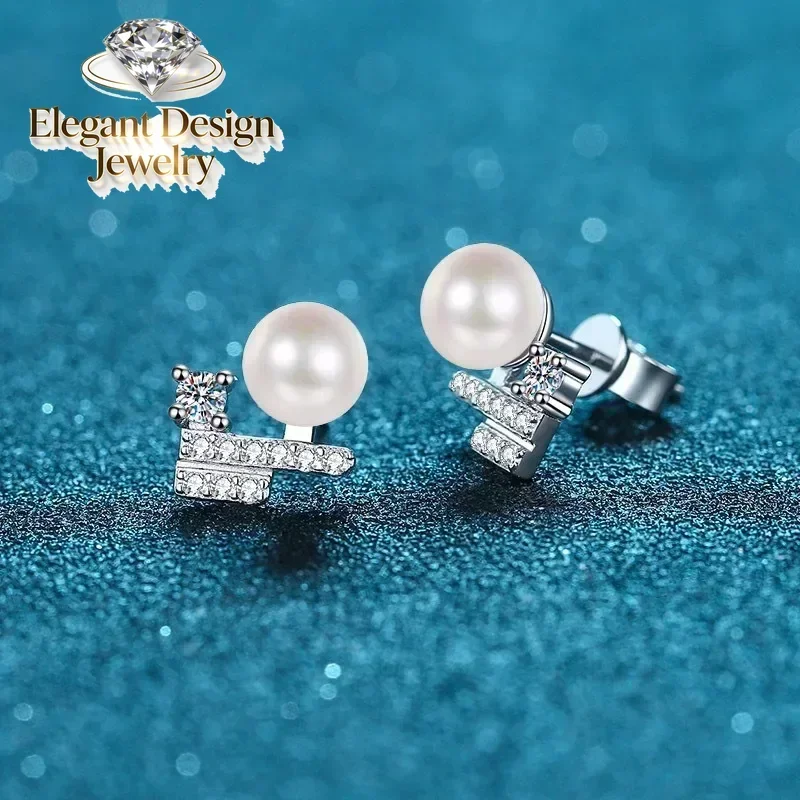

Elegant-Design PT950 Platinum Earrings for Women's Wedding Jewelry, 6mm Freshwater Pearl Temperament Moissanite Stud Earrings
