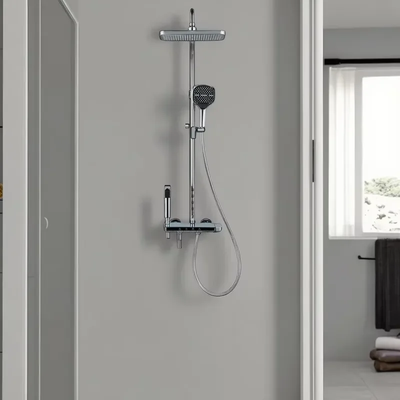 Modern Polished Chrome Brass Shower Set Slide Bar Rainfall Spray Ceramic Valve Core Rectangle Hotel Apartment Villa Use