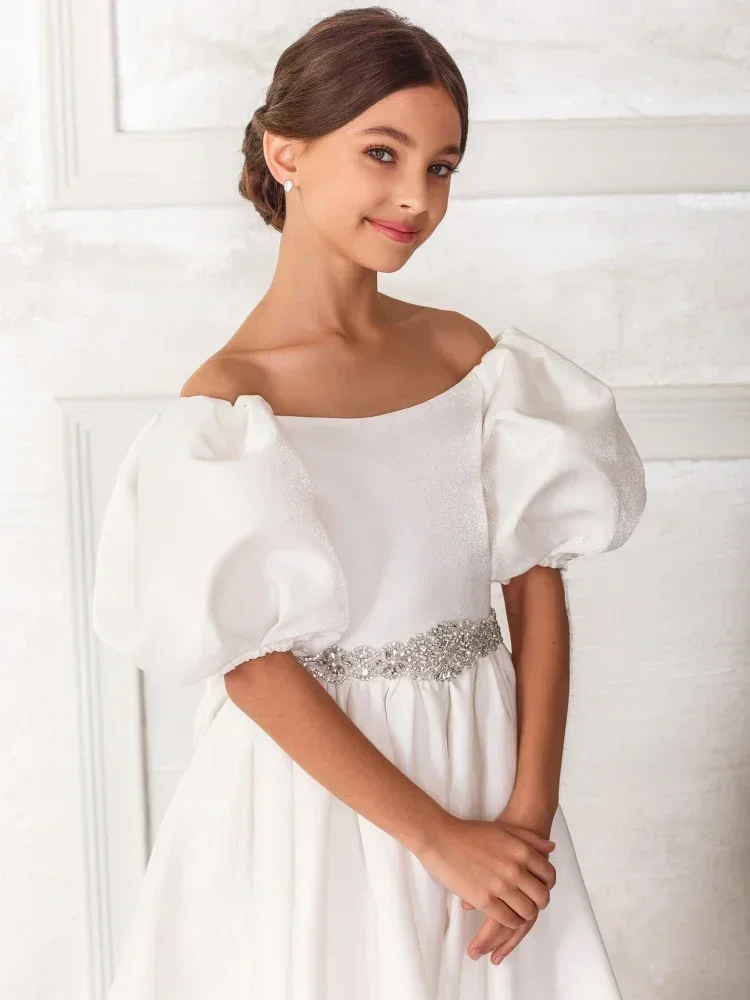 Cinturón de diamantes de satén blanco con lazo, mangas cortas para boda, desfile, fiesta, vestidos de princesa, vestidos de niña de flores, vestido de princesa