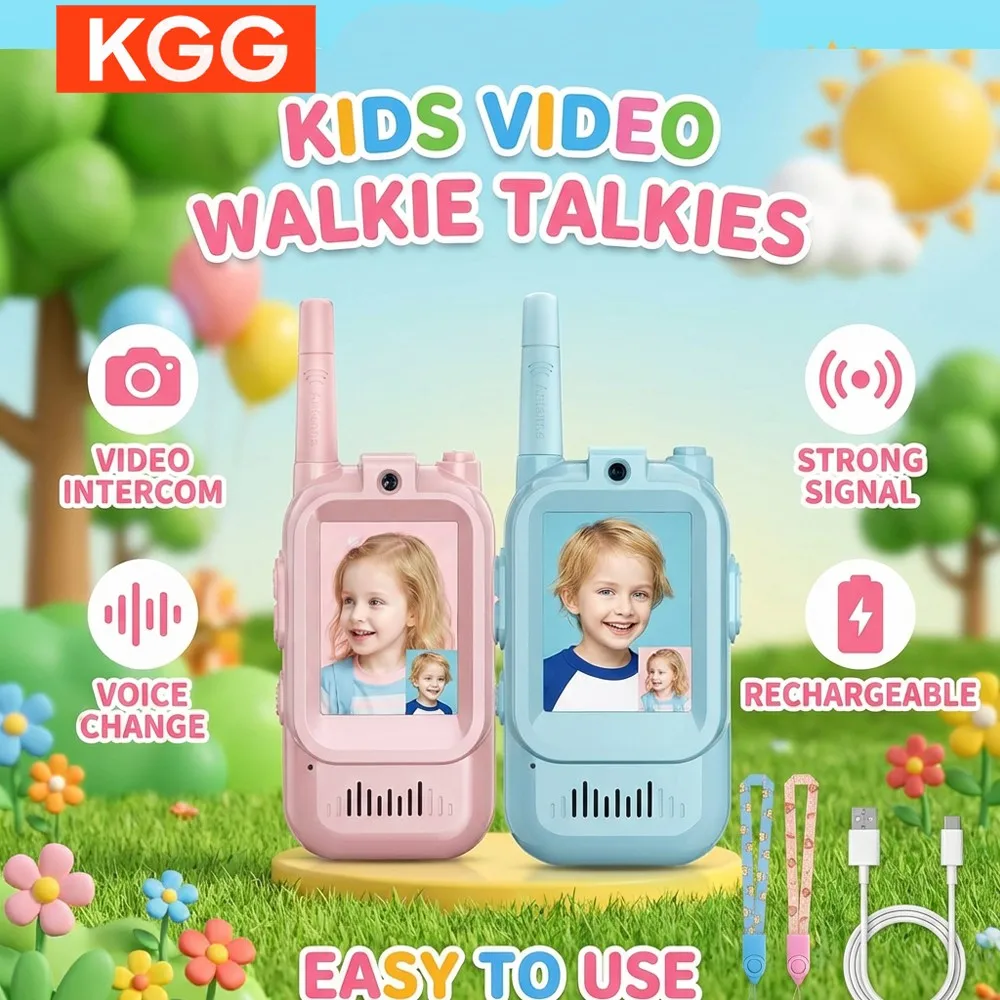 

Kids Video Walkie Talkie 2 Pack, Rechargeable Intercom with Video Call & Voice Changer, Outdoor Camping Gift for Children