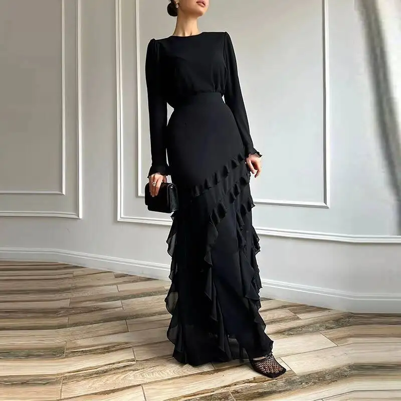 Fashion O Neck Tops Skirts Outfits Women Casual Long Sleeve Ruffle Solid Slim Suit Elegant Premium Draped Pc Sets #5