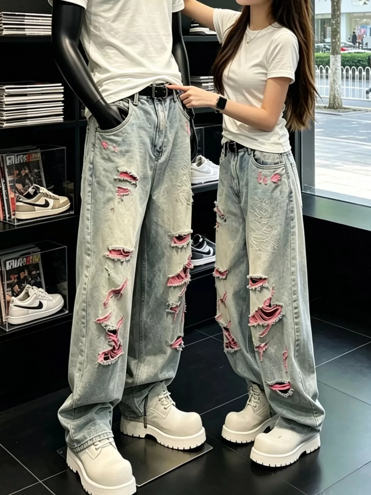 Retro Washed Heavy Duty Denim Jeans Men's New Style Small  Pink Hole Edged Embroidery Straight Leg Micro Flared Pants