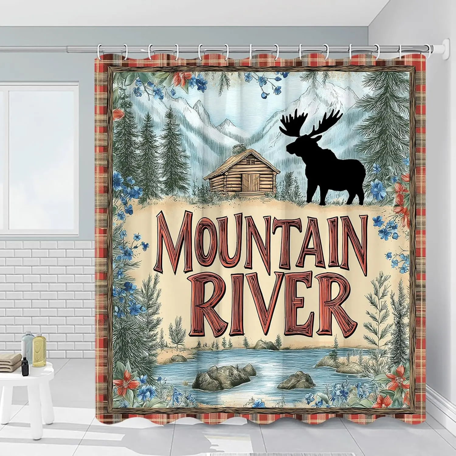 Elk Shower Curtain Forest Scenery Mountain Wildflowers Trees Bush Wildlife Wilderness Plaid Patchwork Vintage Bathroom Decor