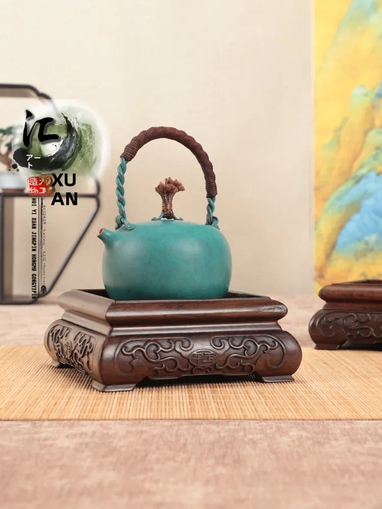 

Bla Ebony Seal Carved Yellow Field Stone Tea Pot Stand Base Veneer Carving New Chinese Sle Wood Sculpture Home Decoration