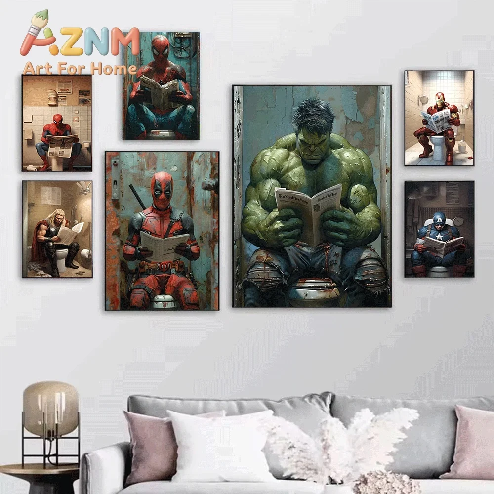 Funny Wolverine Reading Newspaper On Toilet Marvel Superhero Canvas Wall Art No Frame Canvas Painting Poster Bathroom Wall Dec