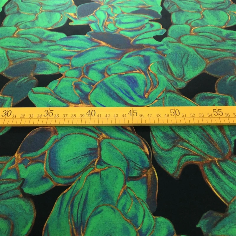 Herringbone Pattern Silk Stretch Satin Fabric Heavy Weight Black Background Green Large Flower Mulberry Silk Shirt Skirt Fabric