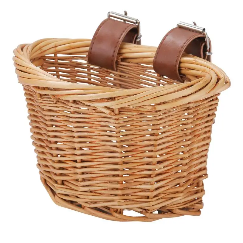 Kids Bike Basket Bicycle Wicker D-shaped Baskets Child Scooter Front Storage Basket With 2 Leather Strap For Cycling Accessories