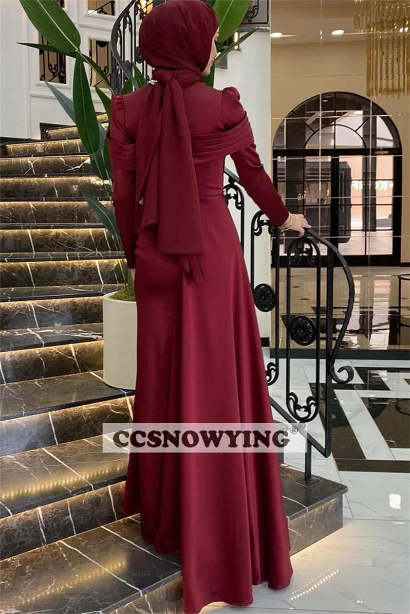 Burgundy Satin Beaded Hijab Muslim Evening Dresses Islamic Long Sleeve Formal Party Gown Women Arabic Dubai Robes De Soirée