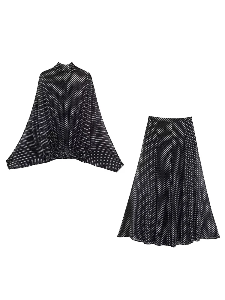 Polka Dot Gedrukt Midi Rokken Tweedelige Sets voor Vrouwen 2025 Zomer Chic Strik Gebonden Blouse Top Suits Vrouw 2-delige Outfits - afbeelding 2
