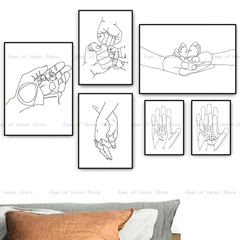 Family Hands and Baby Black and White Line Wall Art Canvas Painting Posters and Prints Personalised Picture Home Decoration Gift