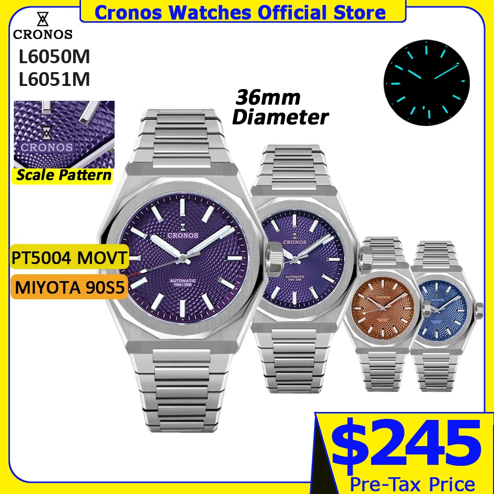 Cronos Luxury Men Watch 36mm Automatic PT5000 Wristwatches Brown