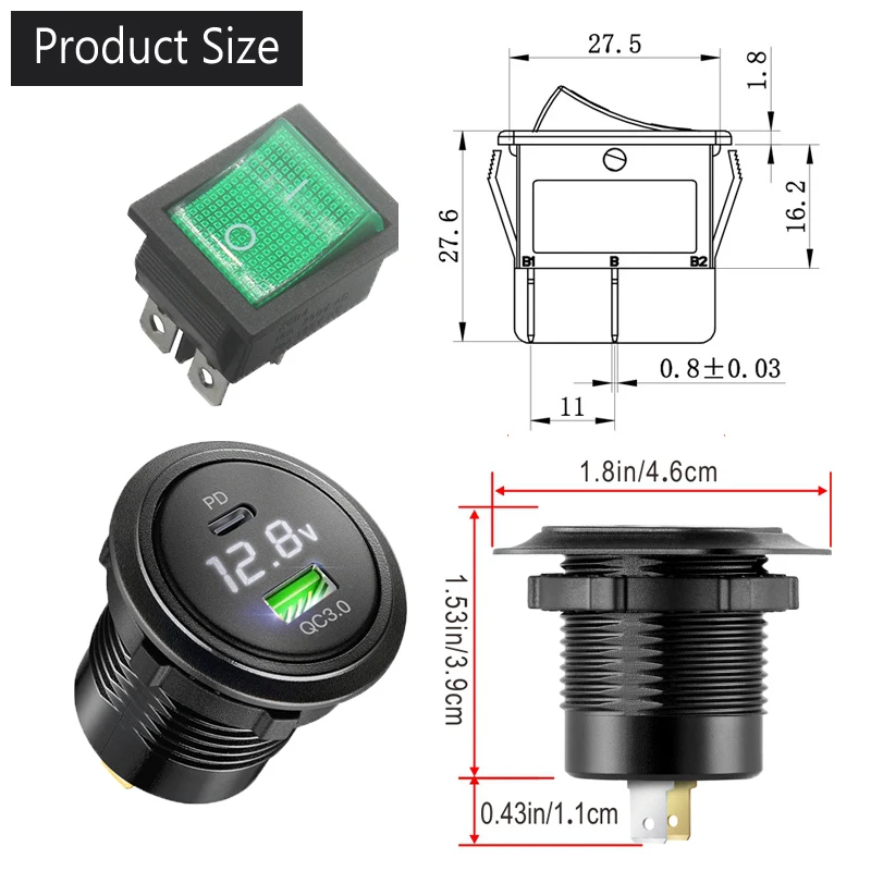 12/24V USB C Outlet Panel QC3.0 Car Charger Socket with Voltage Meter Quick Charge 3.0 Socket Power Outlet for 12V/24V Motorcyc