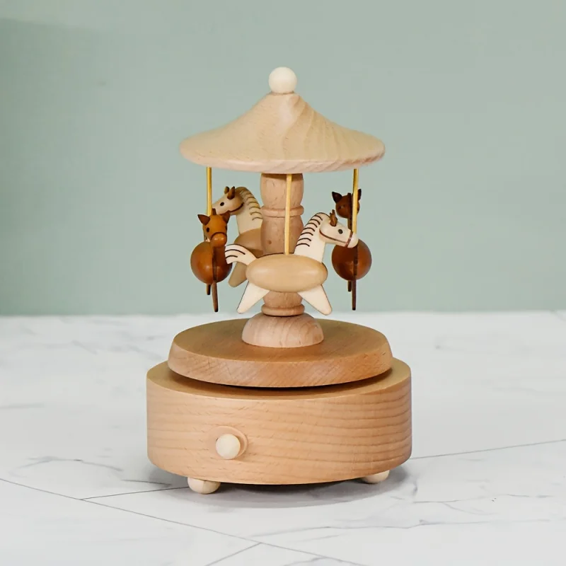 

Classic Wooden Carousel Music Box - Wind-up, w/ Horse Figurines, Birthday/Holiday Gift, Home/Christmas Vintage Decor