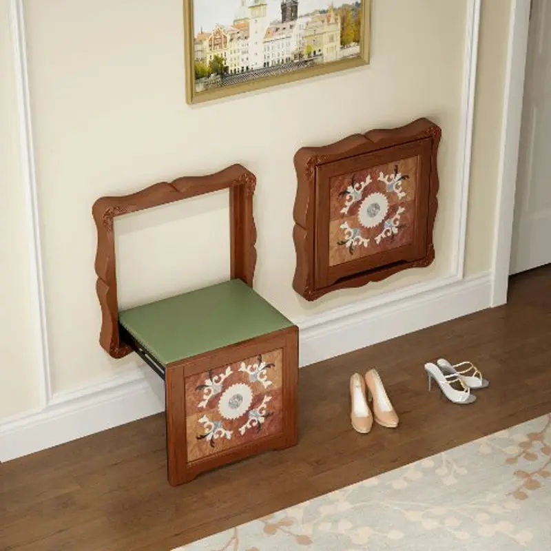 Space Saving Solid Wood Folding Wall Mounted Shoe Changing Stool Leather Surface Entry Seat for Use