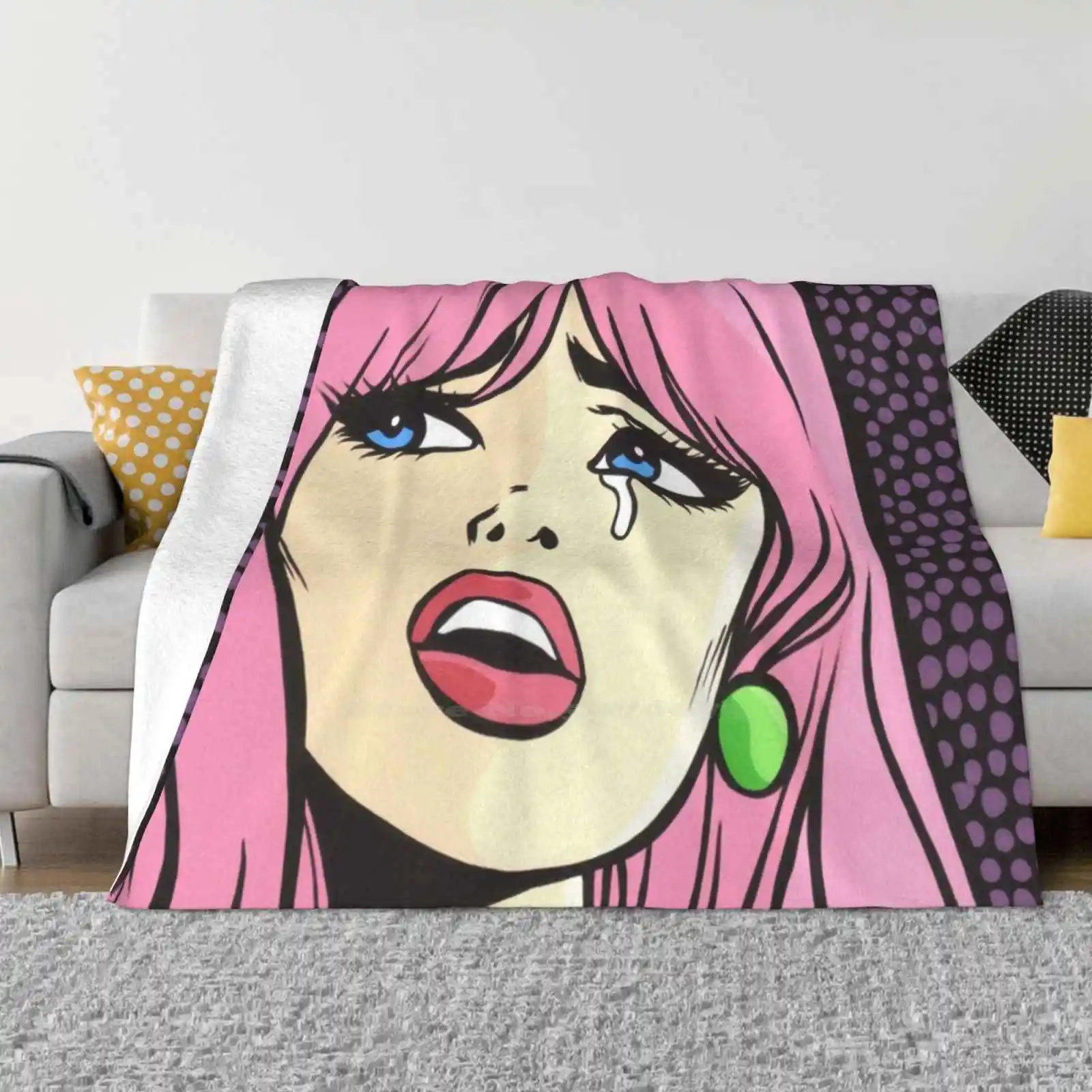 Pink Pop Art Crying Comic Girl Best Selling Room Household Flannel Blanket Pink Hair Pastel Hair Vintage Romance Comics Comic