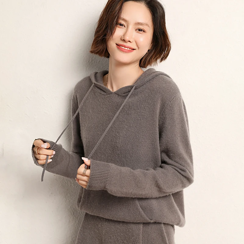 MÙA THU ĐÔNG 2022 Mới Cashmere Áo Len Có Mũ Nữ Rời Màu Đa Năng Bỏ Túi Áo Len Dệt Kim Hoodie