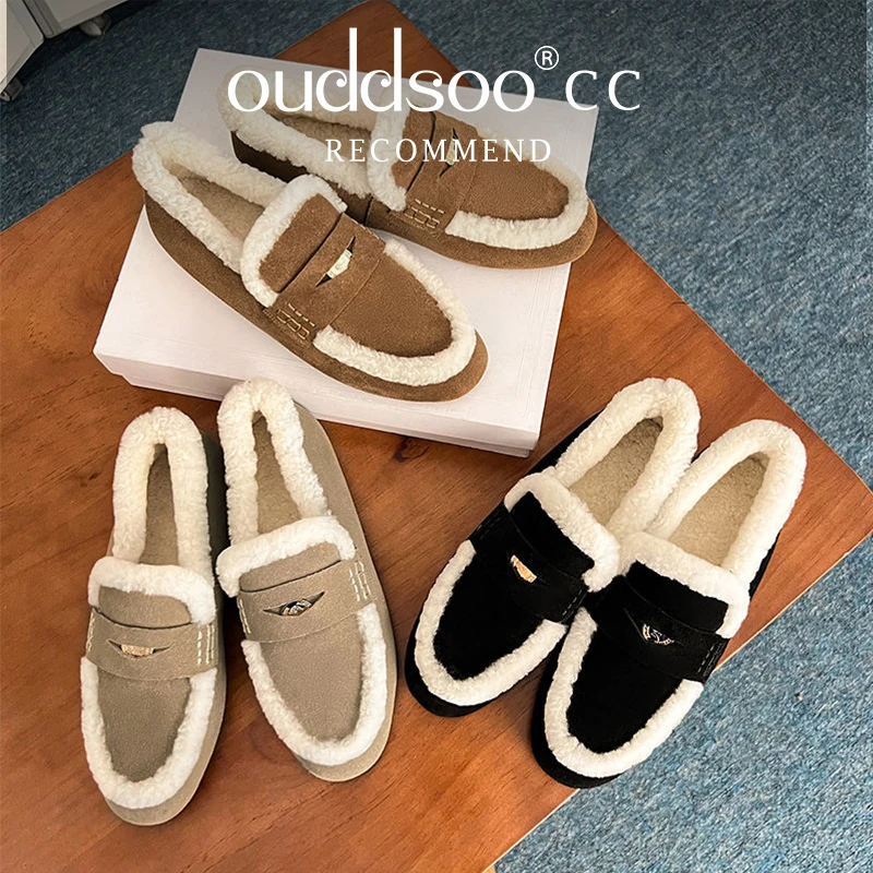 

Ods Luxury Shearling Lined Faux Suede Loafers Woman Brand Design Warm Plush Penny Shoes Ladies Casual Soft Round Toe Flat Moccas
