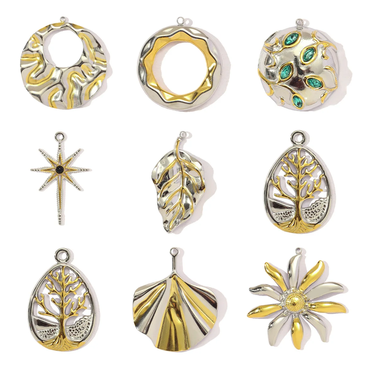 3pcs/Lot French Retro Stainless Steel Two Tone Life Tree Leaf Necklace Pendant Women Shell Star Flower DIY Charms Circel Jewelry - view 2